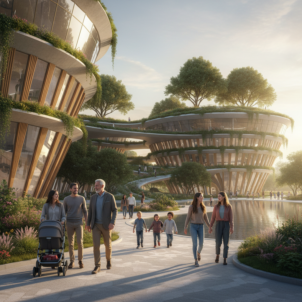 Varias personas, incluyendo familias con niños y un cochecito, caminan por un sendero en un entorno de edificios modernos y curvos con fachadas verdes y techos ajardinados, junto a un estanque y vegetación exuberante, bajo un cielo soleado.