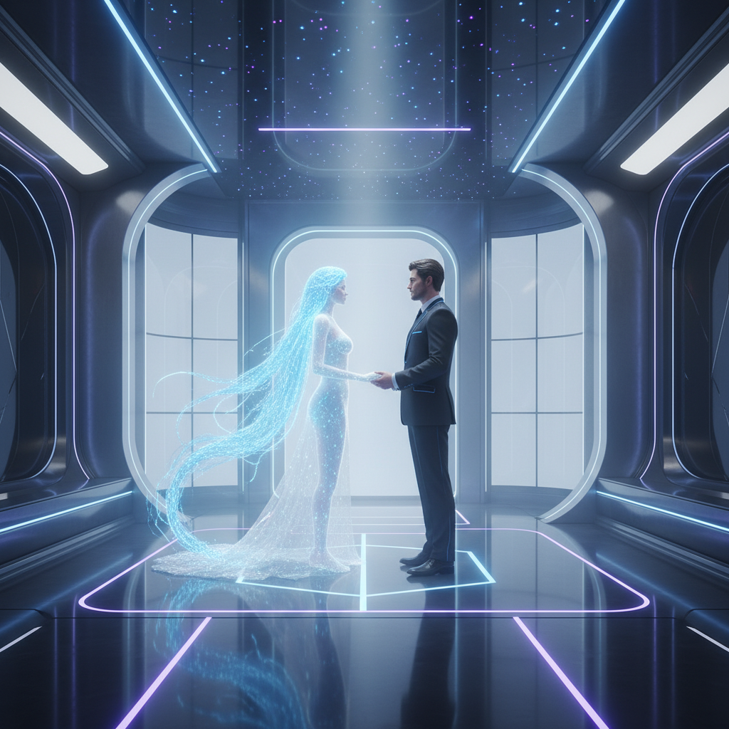 Un hombre de traje oscuro de pie, toma la mano de una mujer holográfica translúcida y brillante de color azul con cabello largo y etéreo, en una sala futurista con iluminación de neón y suelo reflectante.