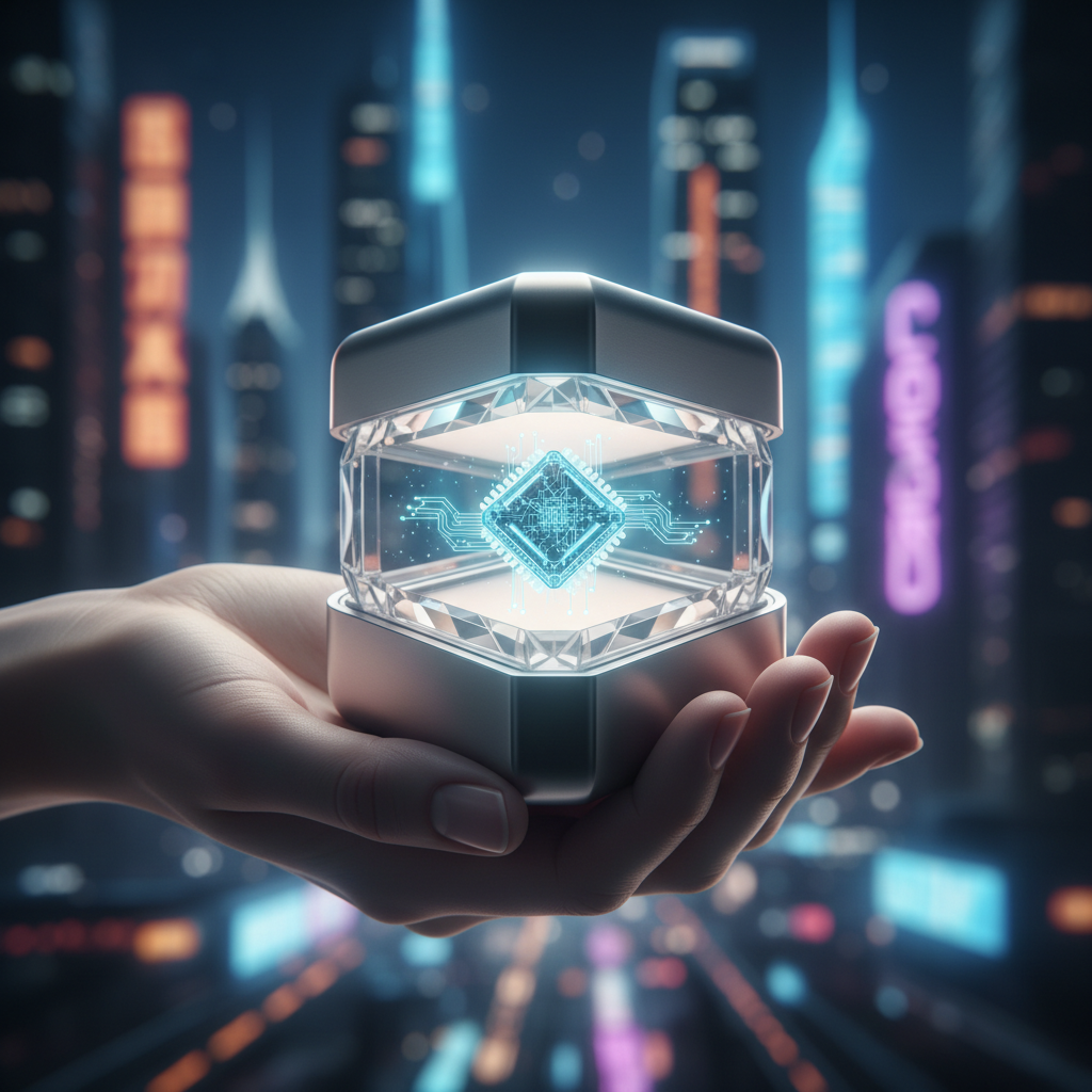 Una mano sostiene un cubo transparente con un microchip azul brillante y circuitos, sobre un fondo de ciudad futurista nocturna con rascacielos iluminados.