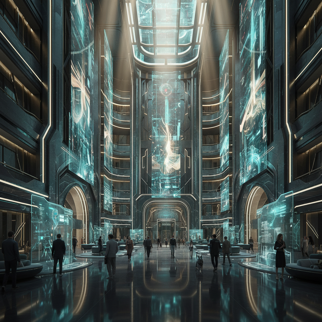 Un gran atrio futurista y moderno con varios pisos, paredes curvas y pantallas holográficas interactivas que muestran gráficos luminosos azules y dorados. Varias personas caminan y conversan en el suelo reflectante. La parte superior tiene un lucernario que emite haces de luz.