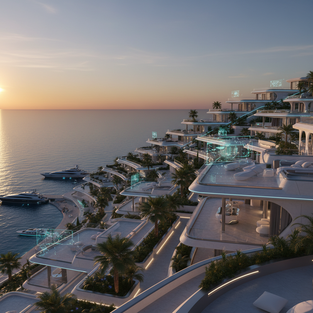 Complejo arquitectónico de lujo futurista con viviendas escalonadas en una ladera costera. El sol se pone sobre el océano, iluminando edificios blancos modernos, terrazas con vegetación, palmeras y yates atracados. Varias interfaces digitales holográficas flotan sobre las estructuras.