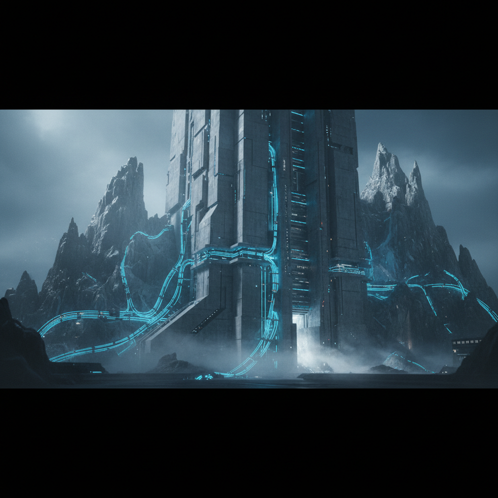 Un imponente edificio futurista de estilo brutalista con tuberías y luces de neón azules brillantes que se extienden por su estructura y el terreno rocoso circundante. El paisaje es montañoso y brumoso, con un cielo cubierto.