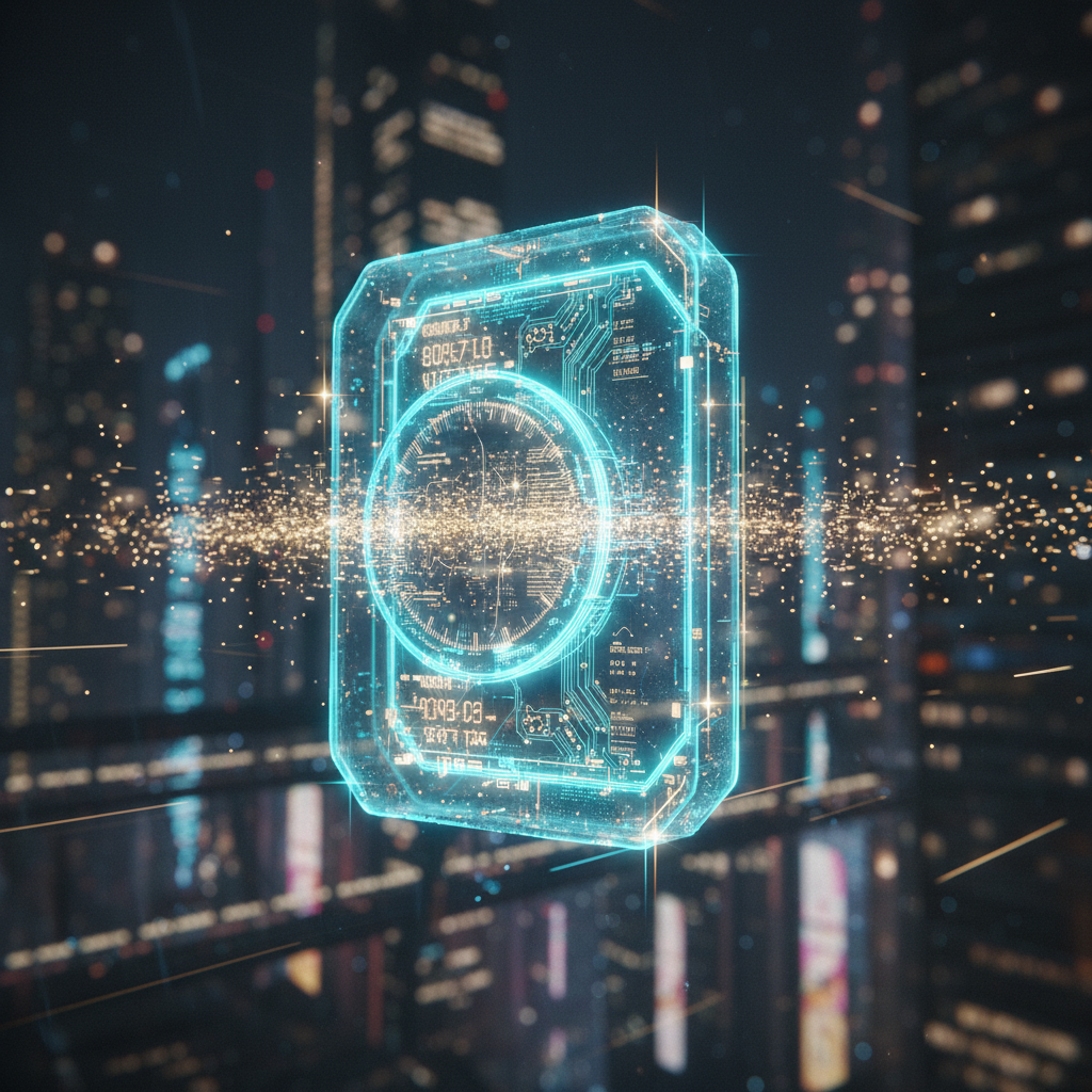 Objeto digital holográfico azul brillante con patrones de circuito y datos numéricos, suspendido entre partículas de luz doradas en un entorno urbano nocturno.