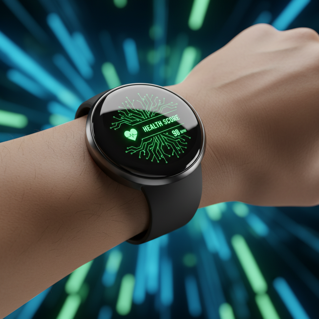 Primer plano de un smartwatch en la muñeca de una persona, con la pantalla iluminada mostrando la frase 