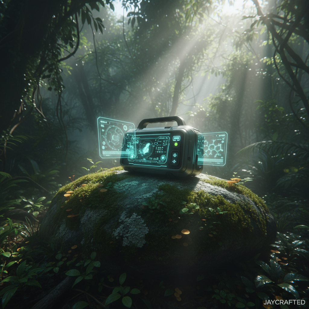 Dispositivo tecnológico portátil con pantallas holográficas que muestran información técnica y estructuras moleculares, situado sobre una roca cubierta de musgo en una selva tropical con rayos de sol filtrándose entre los árboles.