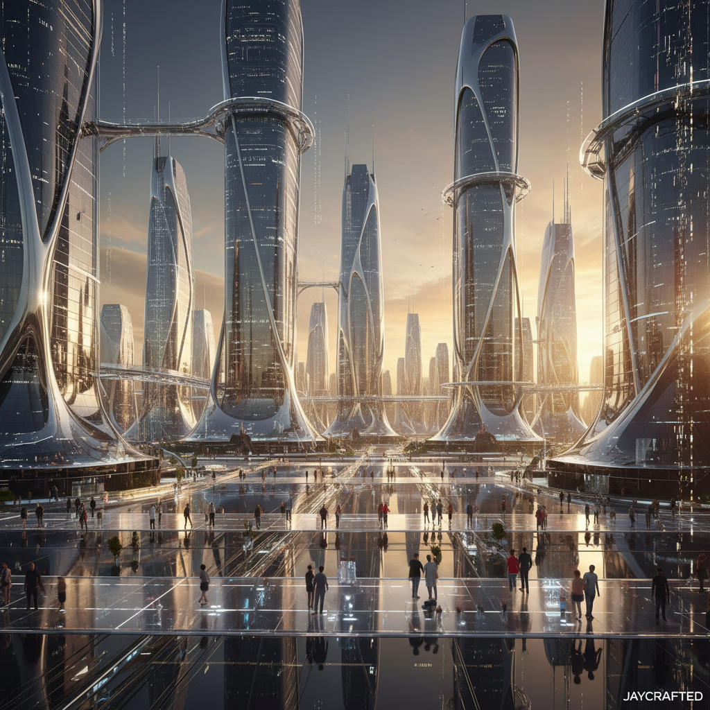 Vista panorámica de una ciudad futurista al amanecer o atardecer, con rascacielos altos de diseño curvo y superficies reflectantes. Una multitud de personas transita por una plaza brillante en primer plano, donde se reflejan los edificios y el cielo.