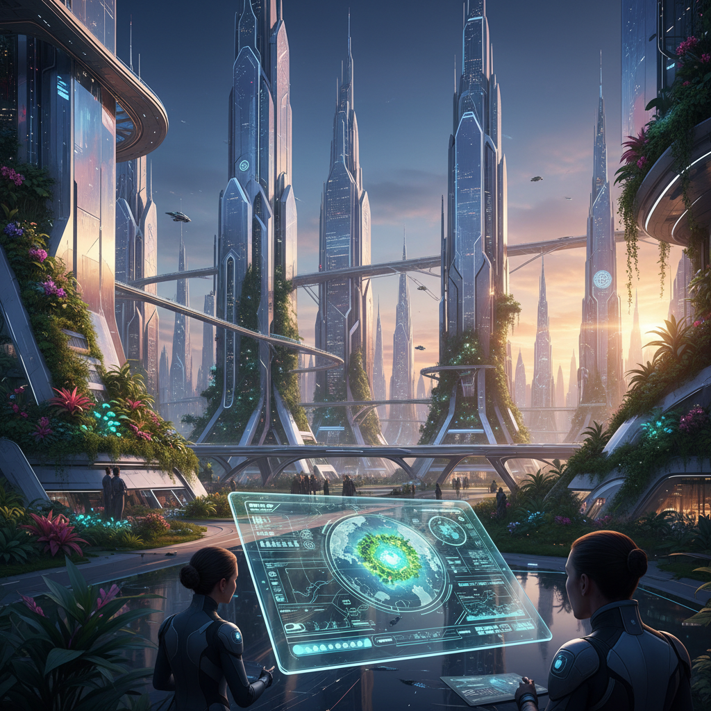 Ciudad futurista con rascacielos modernos integrados con abundante vegetación, jardines verticales y puentes elevados. En el cielo se aprecian vehículos voladores. En primer plano, dos personas con vestimenta tecnológica interactúan con una gran interfaz holográfica flotante que muestra datos y un mapa terrestre.} {