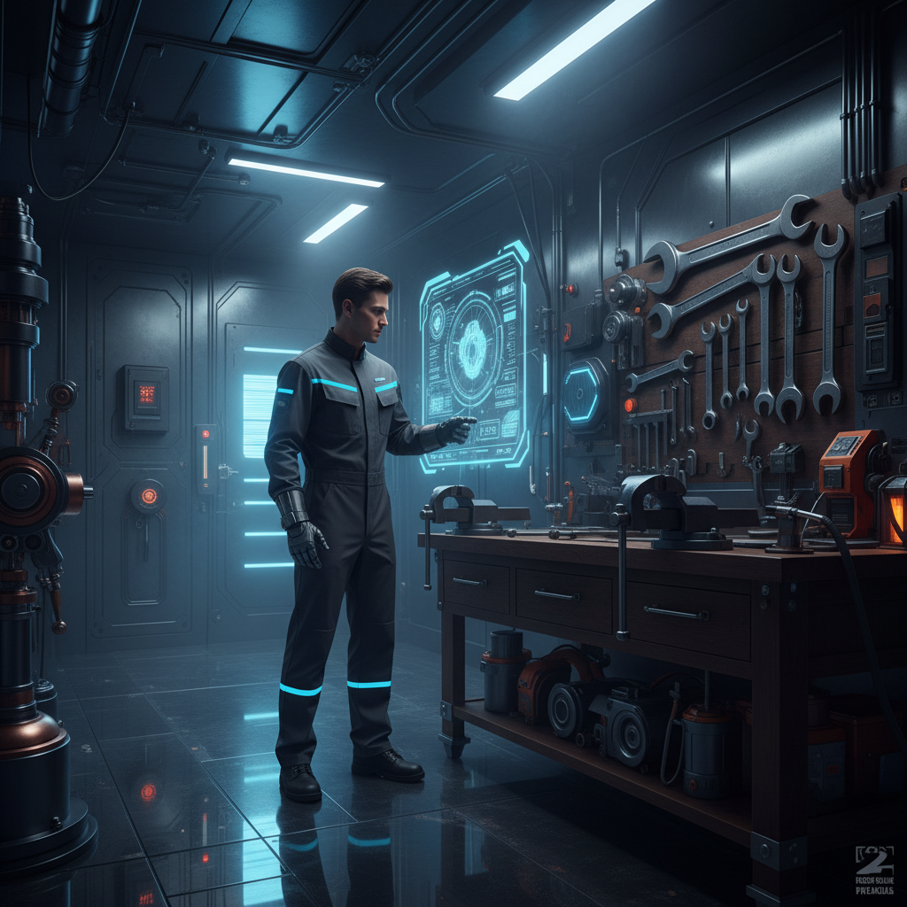 Un hombre en un mono de trabajo futurista gris oscuro con franjas azules brillantes interactúa con una interfaz holográfica flotante en una pared. Se encuentra en un taller avanzado con un banco de trabajo de madera lleno de herramientas, una pared de herramientas organizada y maquinaria industrial a su alrededor.