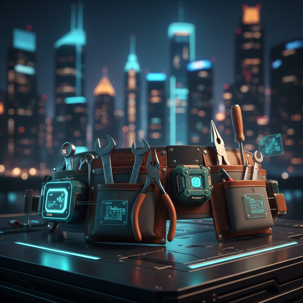 Cinturón de herramientas futurista con llaves, alicates, destornillador y pantallas holográficas luminosas, sobre una base metálica tecnológica con un fondo borroso de rascacielos iluminados de una ciudad nocturna.