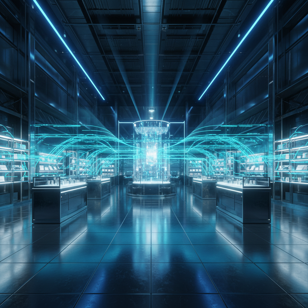 Interior de un centro de datos o sala de tecnología futurista con iluminación LED azul, una estructura central brillante que simula un flujo de datos y estantes de exhibición con elementos luminosos a los lados.