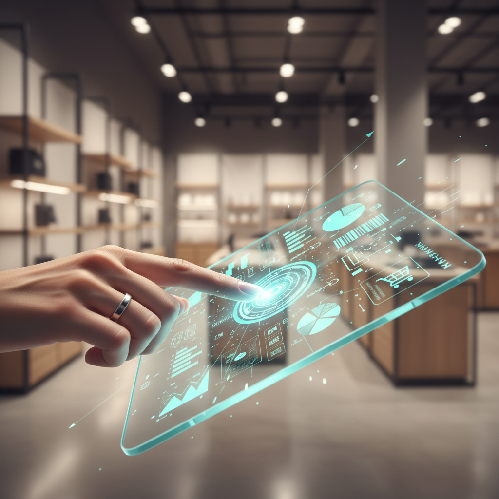 Una mano toca una tableta holográfica transparente con una interfaz digital azul brillante que muestra gráficos, íconos de compra y datos. El fondo es un interior de tienda moderno y desenfocado.