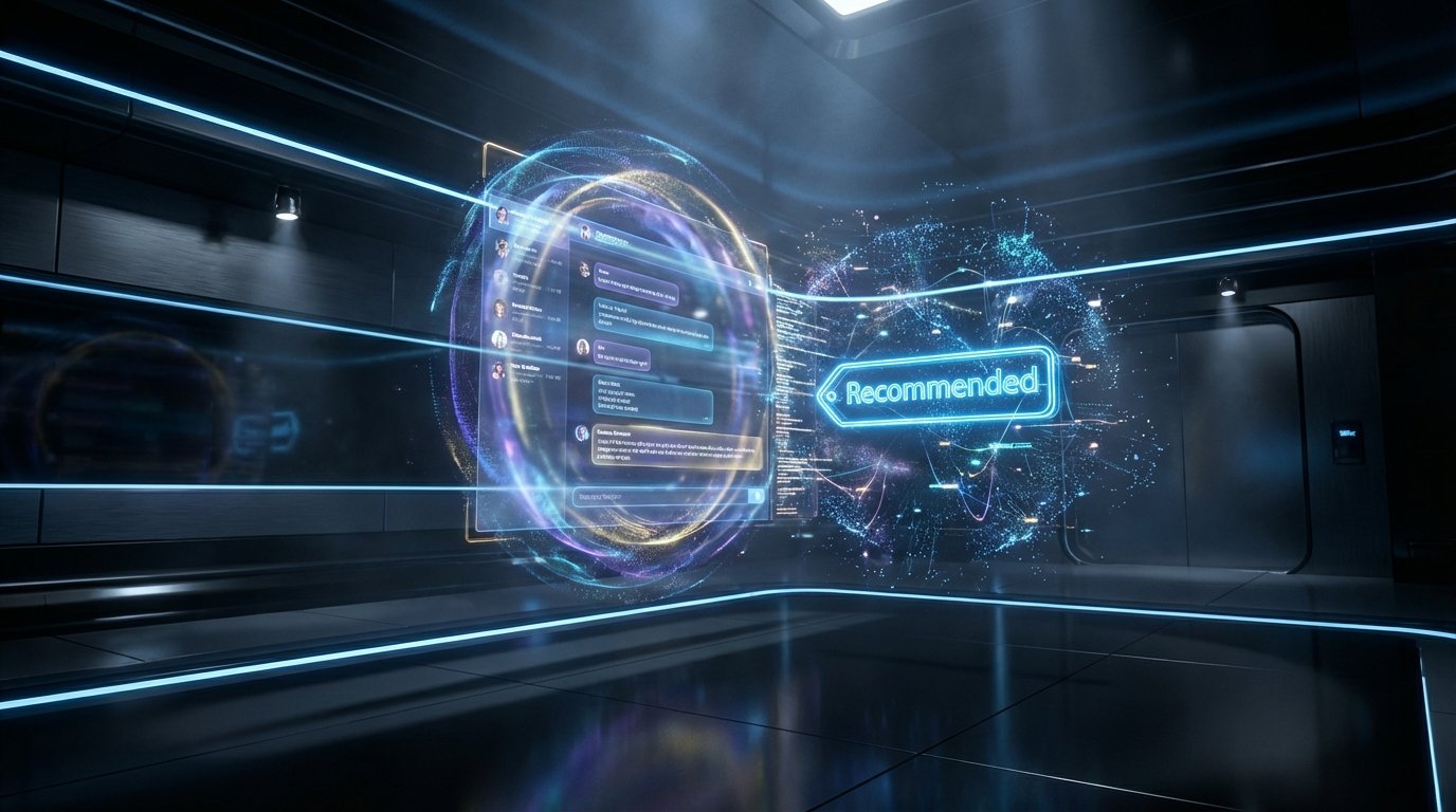 Una sala futurista oscura con líneas de neón azules y dos interfaces holográficas, una mostrando una conversación de chat y otra una red de datos con el texto 'Recommended'.