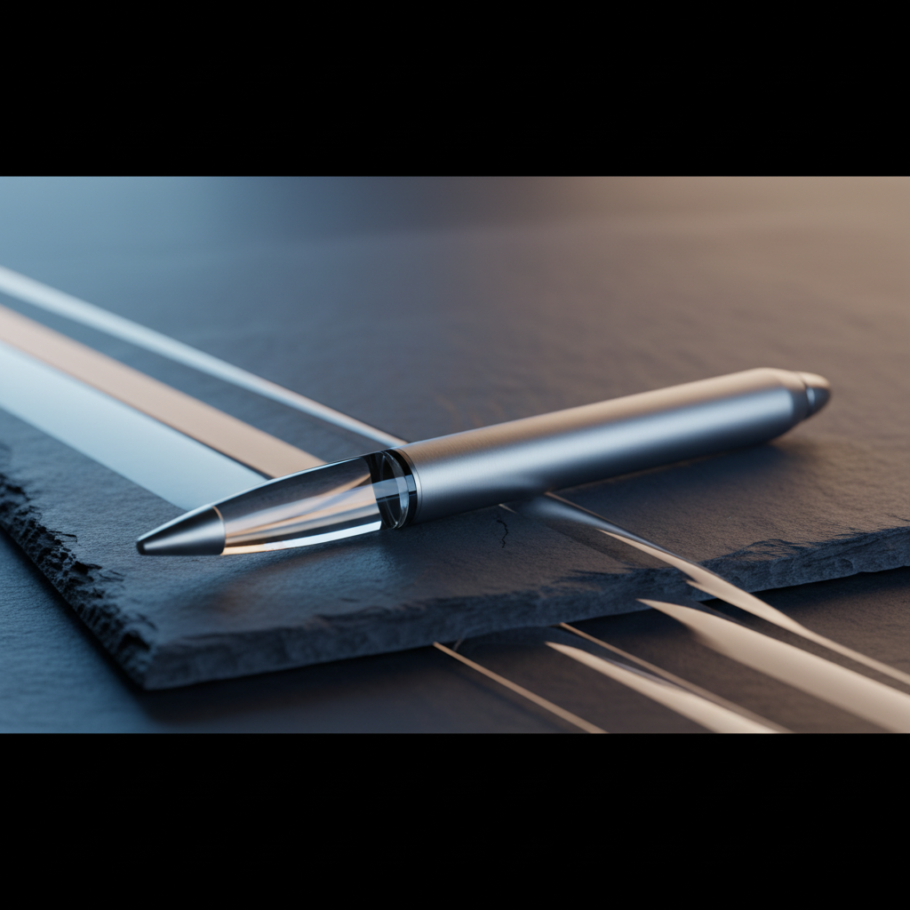 Una pluma de diseño moderno con cuerpo metálico y sección transparente, apoyada sobre una superficie de pizarra oscura texturizada, con líneas horizontales reflectantes al fondo.