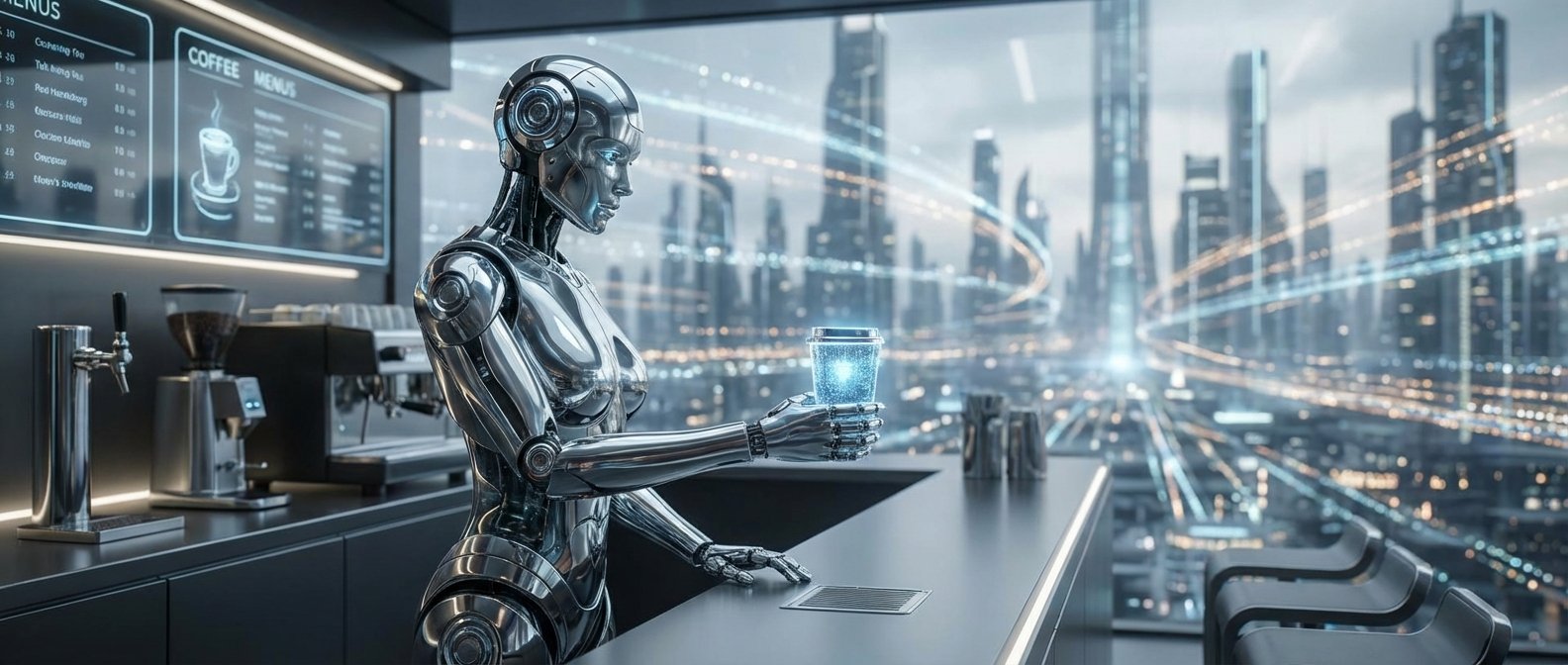 Un robot humanoide de metal plateado brillante, con rasgos femeninos, de pie detrás de un mostrador en una cafetería futurista, sosteniendo una taza que brilla con luces azules. Al fondo, a través de un ventanal, se ve una ciudad del futuro con rascacielos y flujos de datos luminosos. En el mostrador hay máquinas de café y en la pared menús digitales.
