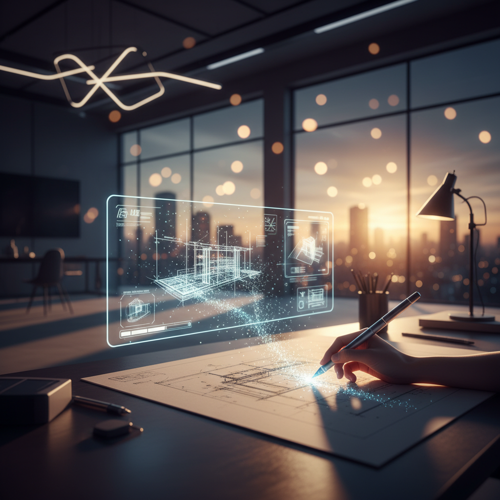 Una mano dibuja con un lápiz óptico que emite luz sobre un plano arquitectónico en una mesa de oficina. Sobre el plano, un modelo 3D holográfico de un edificio se proyecta en el aire con partículas luminosas. Al fondo, una oficina moderna con grandes ventanales y una vista de la ciudad al atardecer.