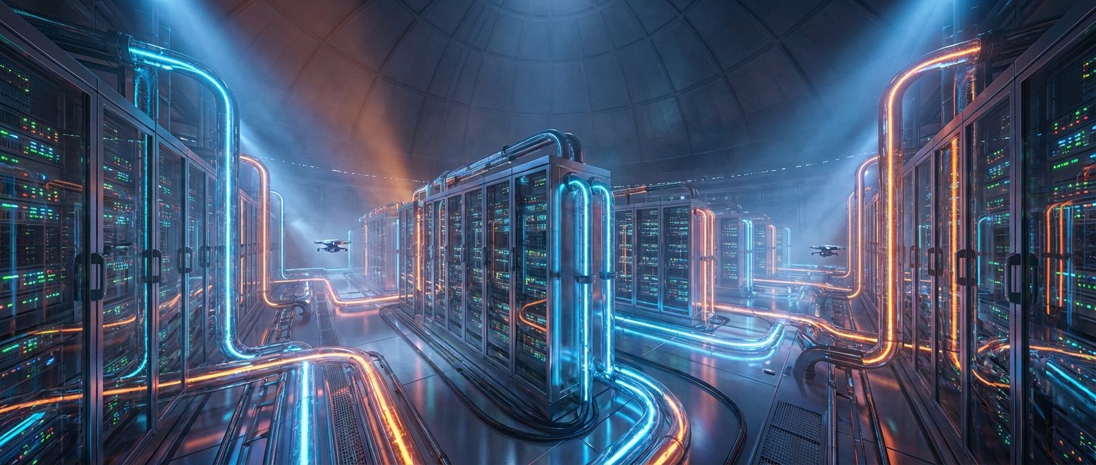 Centro de datos futurista con largas filas de servidores. Los servidores y las tuberías interconectadas brillan con luces LED azules y naranjas. Se observan dos drones volando en el interior de la sala abovedada y con una atmósfera ligeramente nebulosa.