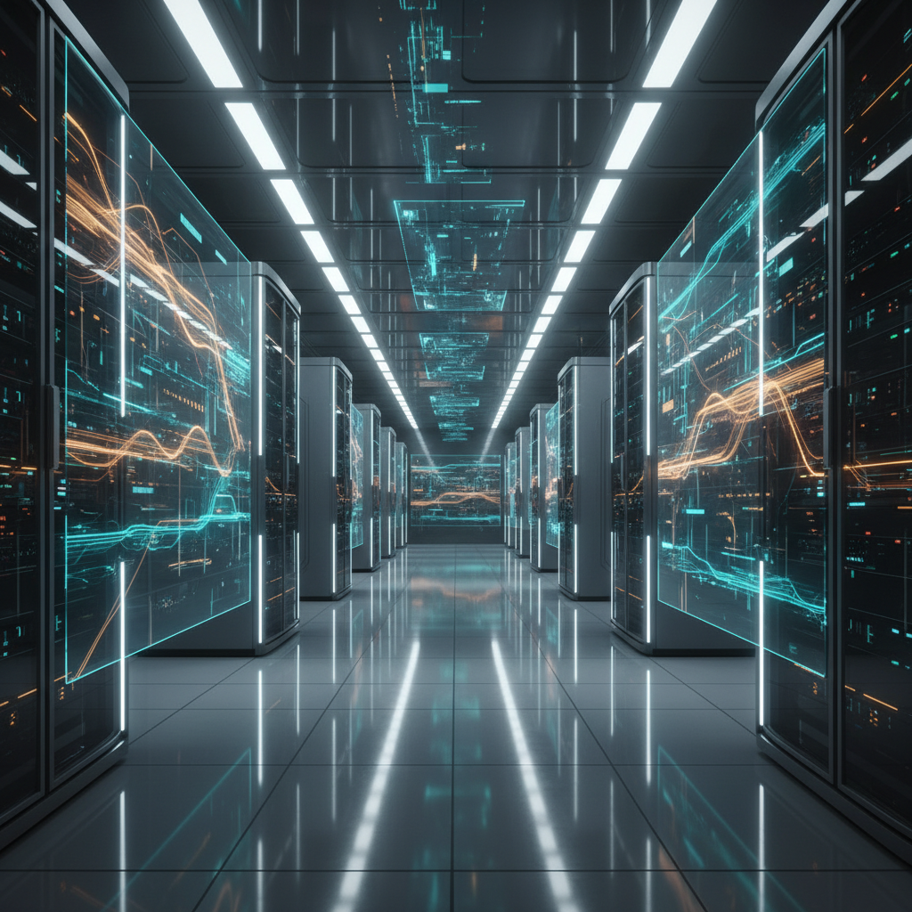 Pasillo de un centro de datos moderno con filas de servidores a ambos lados. Las pantallas de los servidores muestran visualizaciones de datos digitales luminosos en tonos azules, turquesas y anaranjados, con reflejos en el suelo pulido.