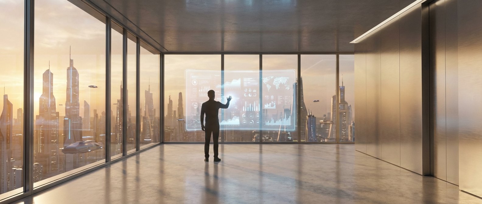 Silueta de un hombre en una oficina moderna con grandes ventanales, interactuando con una pantalla holográfica que muestra datos y gráficos. Al exterior, se observa una ciudad futurista con rascacielos y vehículos voladores al atardecer.