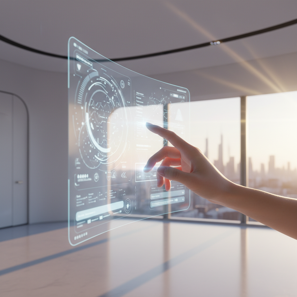 Una mano interactuando con una pantalla táctil holográfica transparente que muestra datos, gráficos y un mapa mundial en un entorno de oficina moderno con vistas a una ciudad al atardecer.