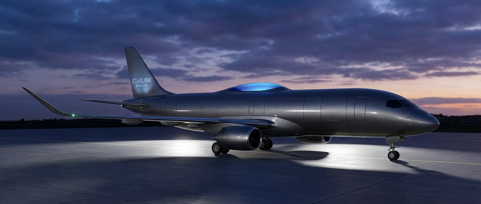 Aeronave de color gris oscuro con la marca 'Starlink Aviation' en la cola y una cúpula azul de antena satelital en el techo, estacionada en una pista iluminada al anochecer.