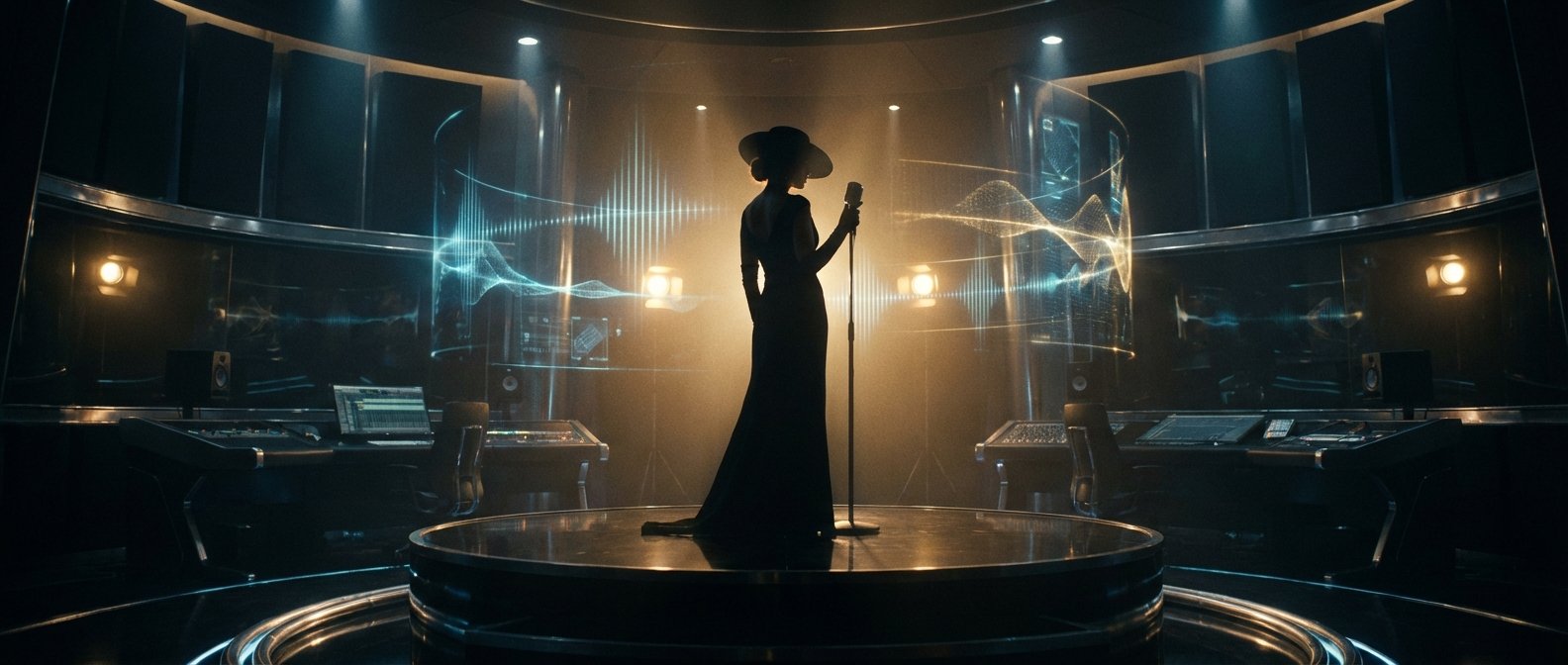 Silueta de una mujer con vestido largo y sombrero de ala ancha, de pie en un escenario circular con un micrófono, en un estudio de grabación futurista. El fondo muestra mesas de mezcla, altavoces y proyecciones holográficas de ondas de sonido y patrones abstractos en azul y dorado.