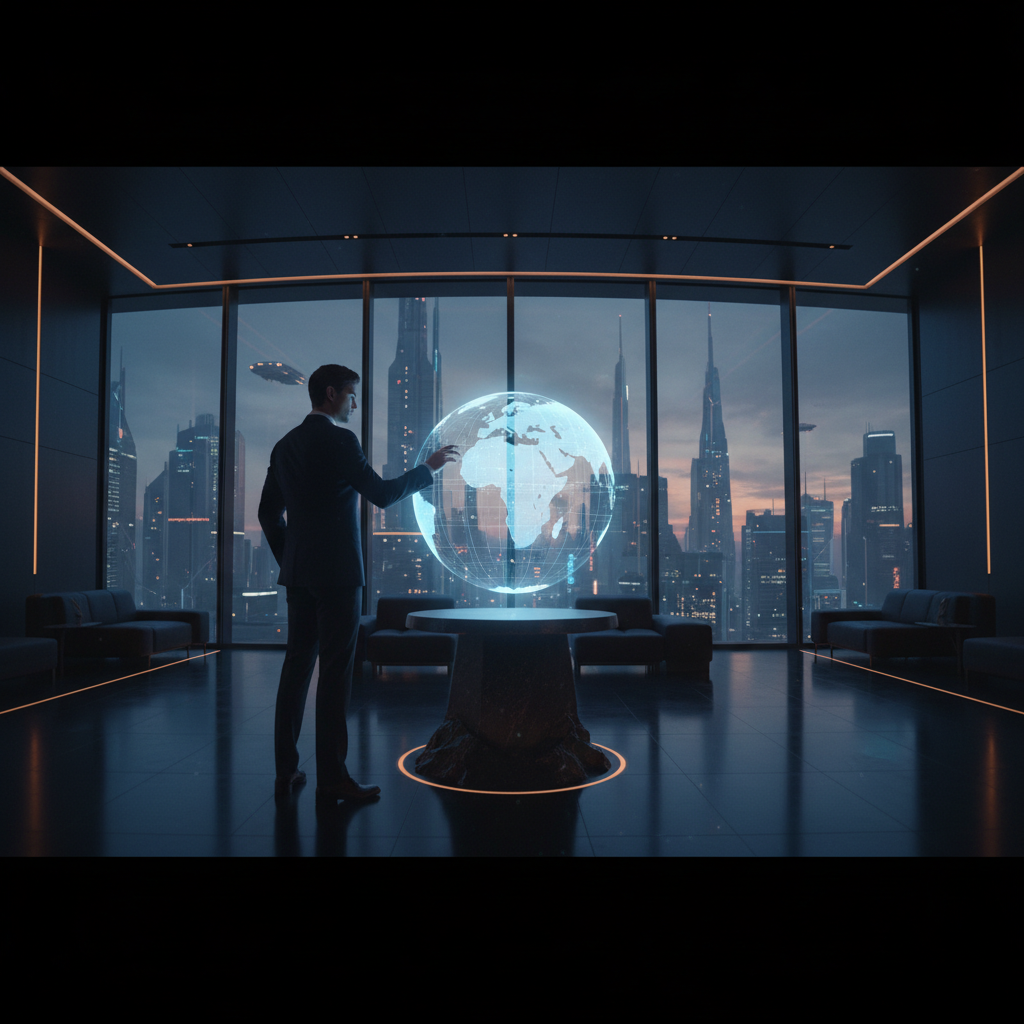Un ejecutivo en una oficina futurista interactúa con un globo terráqueo holográfico flotante. Al fondo, grandes ventanales muestran un paisaje urbano con rascacielos y vehículos voladores al atardecer.
