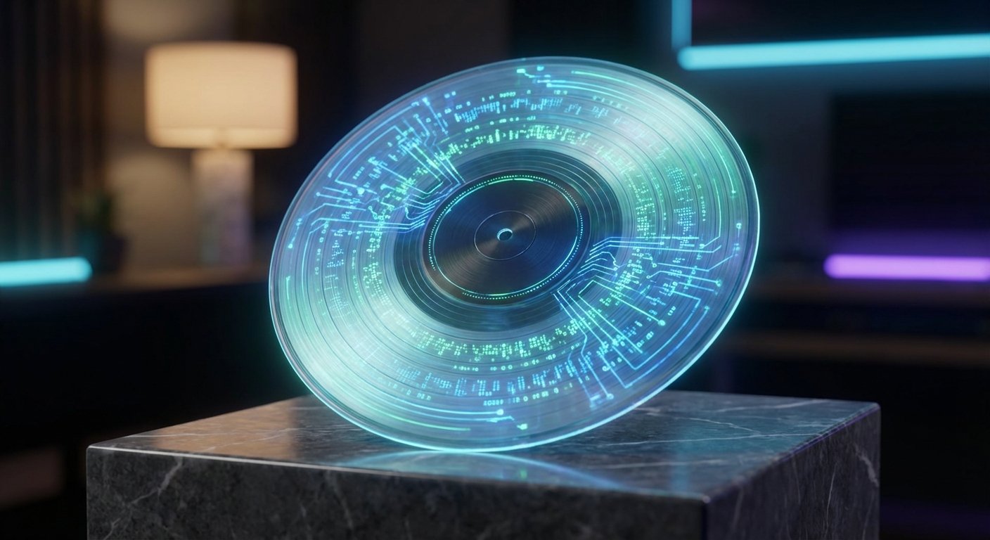 Un disco transparente y brillante con patrones de circuito impreso y datos digitales en tonos azules y verdes, apoyado en un pedestal oscuro de mármol, con un fondo borroso de luces ambientales.