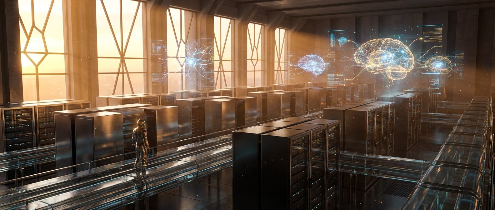 Un técnico en un traje futurista camina por una pasarela elevada en un centro de datos con filas de servidores. Proyecciones holográficas de cerebros y redes neuronales flotan en el aire, mientras la luz dorada del atardecer entra por grandes ventanales.