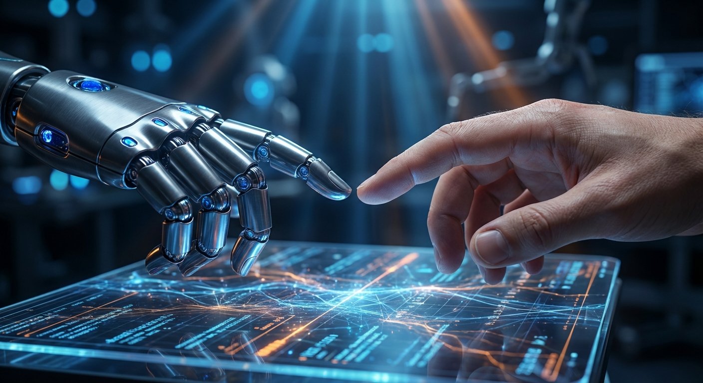 Una mano humana y una mano robótica se tocan los dedos sobre una superficie de cristal con una proyección de datos interconectados y código luminoso en tonos azules y naranjas. El fondo es oscuro y borroso con luces tecnológicas azules.