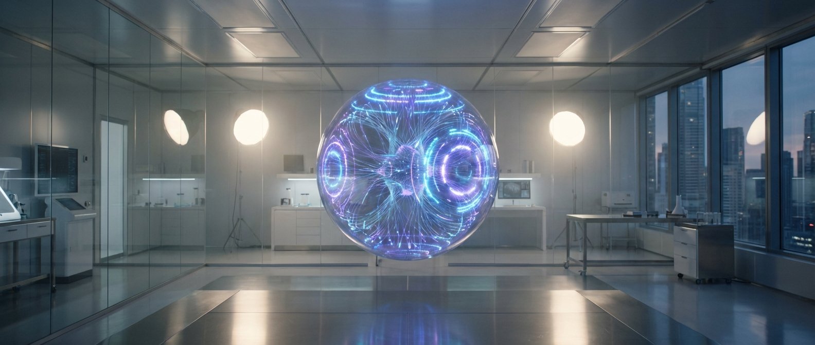 Una gran esfera futurista brillante con intrincados patrones de luz azul y morado flotando en el centro de un moderno laboratorio con paredes de cristal, que da a un paisaje urbano al atardecer.