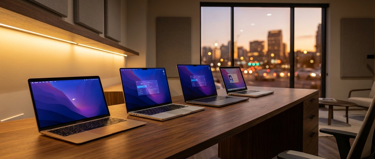 Cuatro laptops MacBook abiertas sobre un escritorio de madera en una oficina moderna, con una vista de ciudad al atardecer a través de una ventana grande.