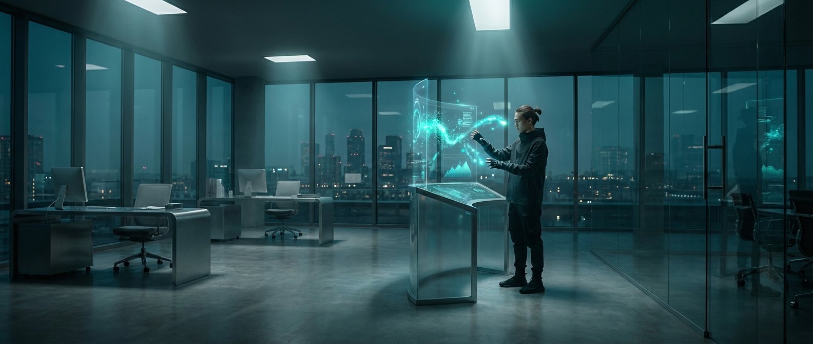 Hombre en un despacho moderno interactuando con una pantalla holográfica curva que proyecta datos luminosos en tonos cian, con una vista nocturna de la ciudad a través de las ventanas.