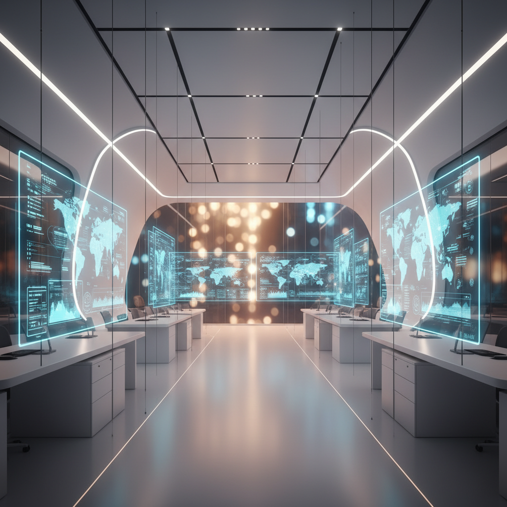 Una sala de control futurista y espaciosa con múltiples pantallas holográficas transparentes que muestran mapas mundiales y datos gráficos. Hay varias estaciones de trabajo con escritorios blancos y sillas, y una iluminación ambiental moderna.