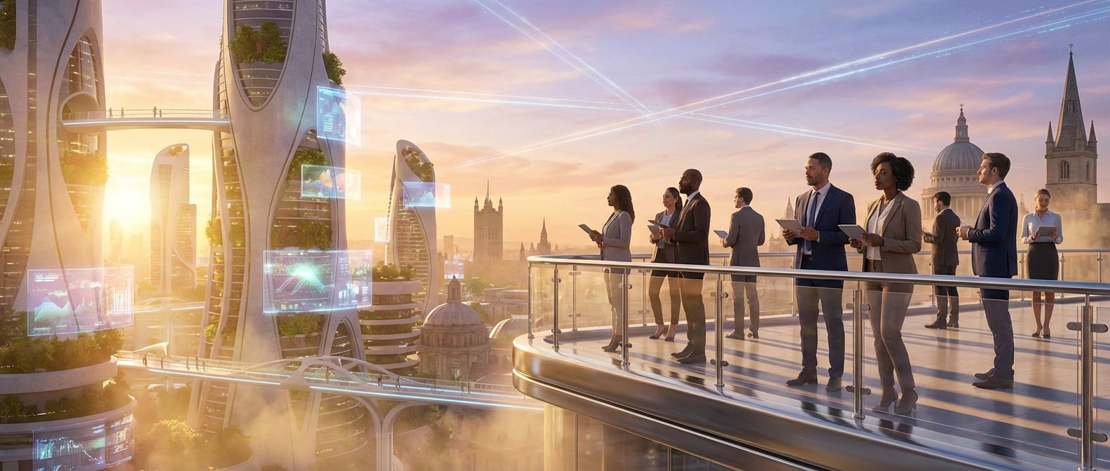 Un grupo diverso de profesionales de negocios mira una ciudad futurista al atardecer desde una azotea. La ciudad presenta rascacielos con jardines verticales, puentes aéreos y pantallas holográficas, junto a edificios históricos de Londres como la Catedral de San Pablo. Líneas de luz representan conectividad de datos en el cielo.