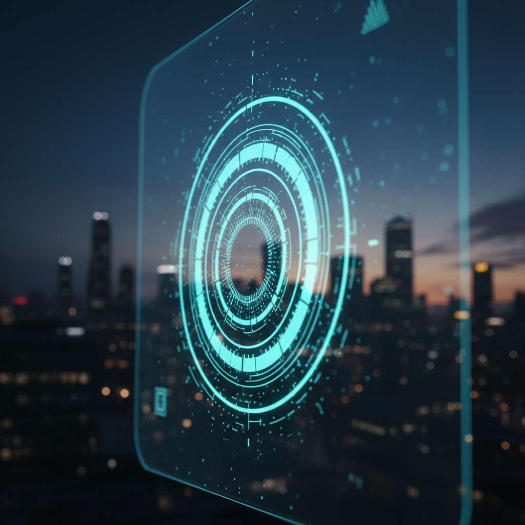 Una interfaz digital transparente con un gráfico de datos circular cian brillante en el centro, superpuesta sobre el fondo desenfocado de una ciudad con rascacielos y luces al atardecer.