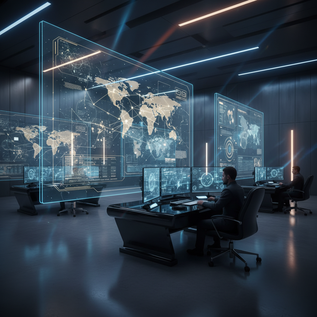 Sala de control de alta tecnología con múltiples pantallas holográficas que muestran mapas del mundo y redes de datos, y dos operadores trabajando en estaciones con varios monitores.