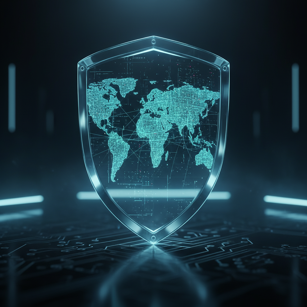 Escudo holográfico brillante de color cian con un mapa del mundo digitalizado en su interior, sobre una superficie oscura con detalles de circuitos luminosos.