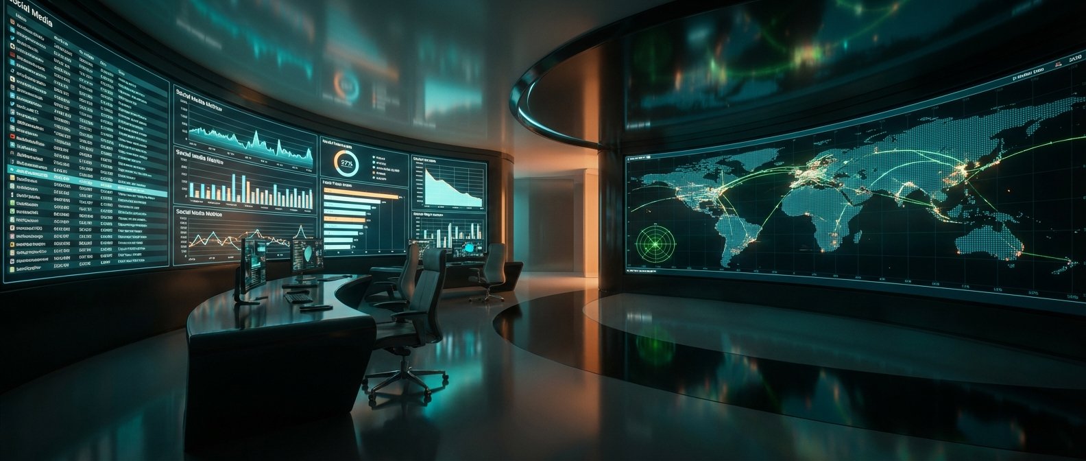 Sala de control futurista con grandes pantallas curvas que muestran paneles de datos de redes sociales y un mapa mundial con conexiones globales. La estancia presenta un diseño moderno con mesas de trabajo y sillas ergonómicas, iluminada con tonos azules y naranjas.