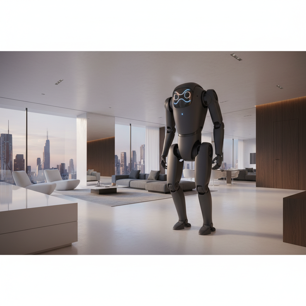 Robot humanoide de color gris oscuro con una pantalla facial brillante en un apartamento moderno y lujoso con grandes ventanales y vistas a una ciudad.