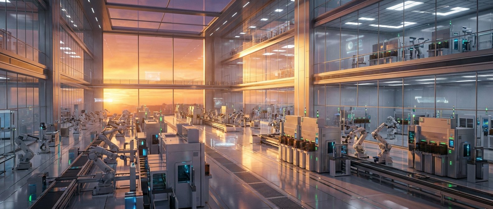 Gran fábrica moderna y automatizada con múltiples robots industriales blancos trabajando en líneas de producción y maquinaria avanzada con pantallas luminosas, todo iluminado por la luz de un atardecer que entra por amplios ventanales de cristal.