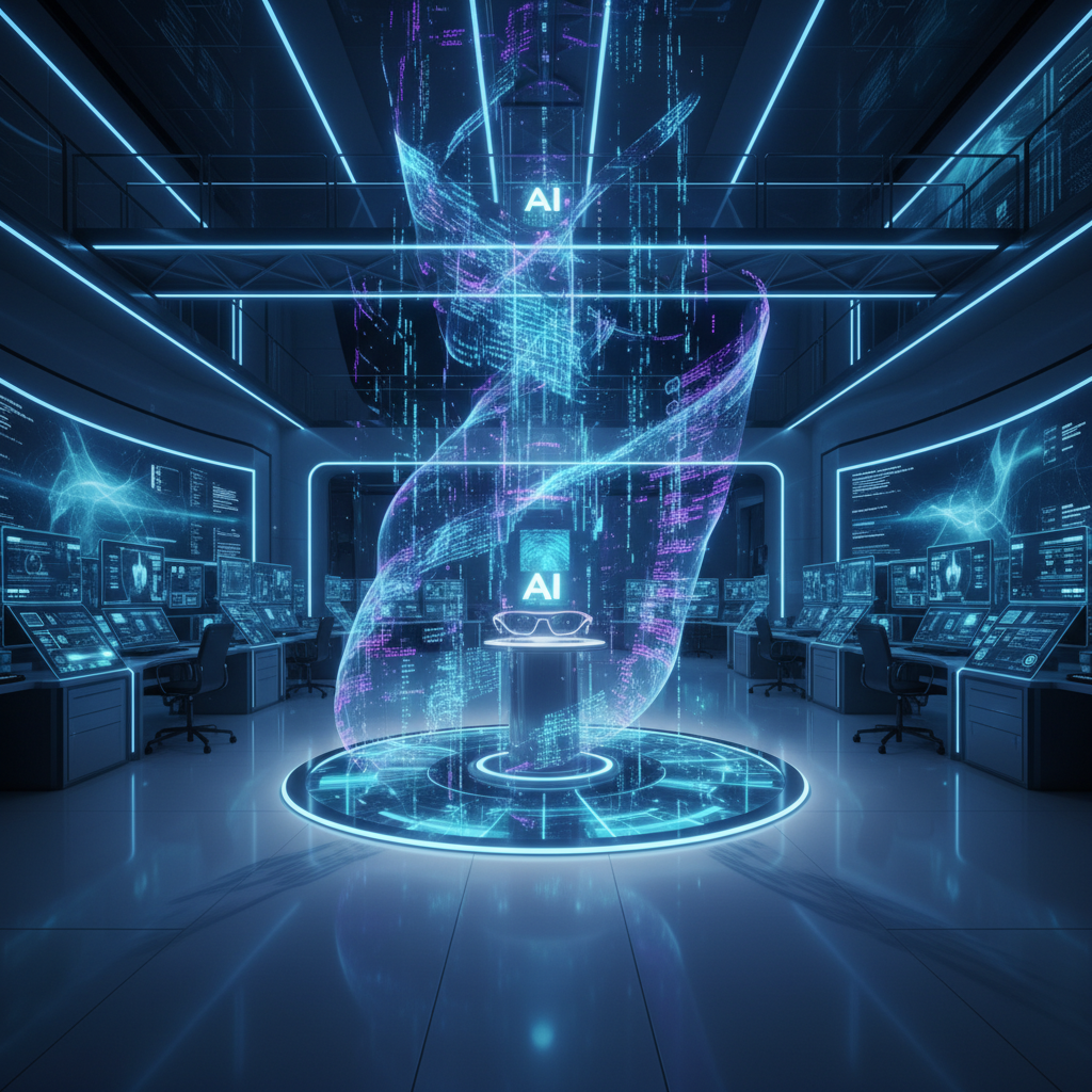 Centro de datos futurista con un holograma de datos digitales azules y púrpuras que muestra 'AI' y un icono de gafas en el centro, sobre una plataforma luminosa. La sala está equipada con estaciones de trabajo con múltiples monitores y acentuada con luces de neón azules.