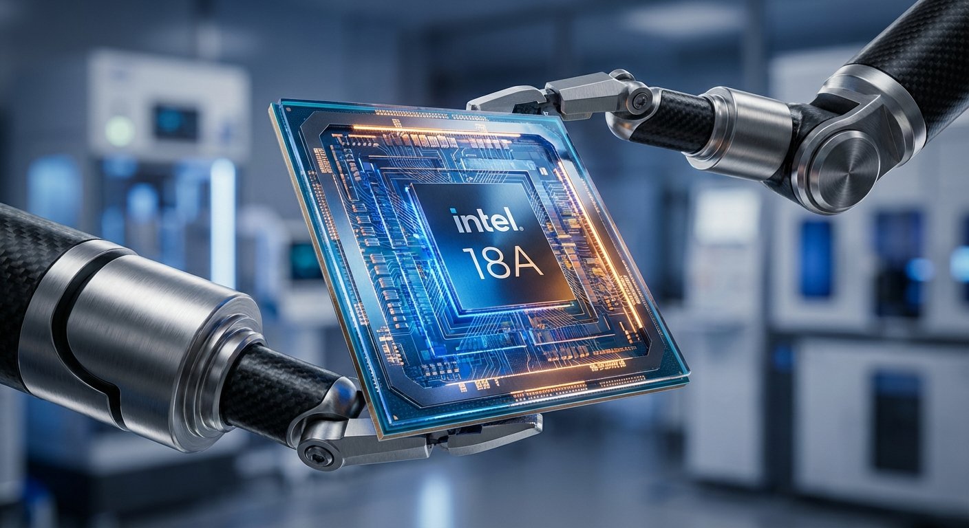 Dos brazos robóticos de fibra de carbono y metal sujetan un microprocesador Intel 18A con circuitos internos iluminados en tonos azules y naranjas, en un entorno de laboratorio tecnológico difuminado.