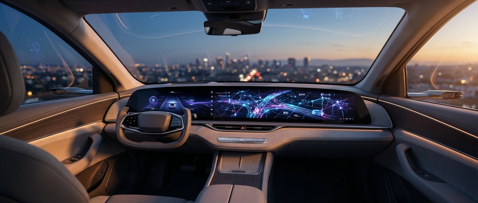 Interior moderno de un coche con un salpicadero tecnológico que presenta una pantalla digital ultra ancha mostrando un mapa de navegación futurista y asistencia a la conducción. El volante es de diseño futurista y hay iluminación ambiental en las puertas y el salpicadero con detalles de madera. Se observa un paisaje urbano con edificios iluminados al atardecer o amanecer a través del parabrisas y retrovisores digitales.