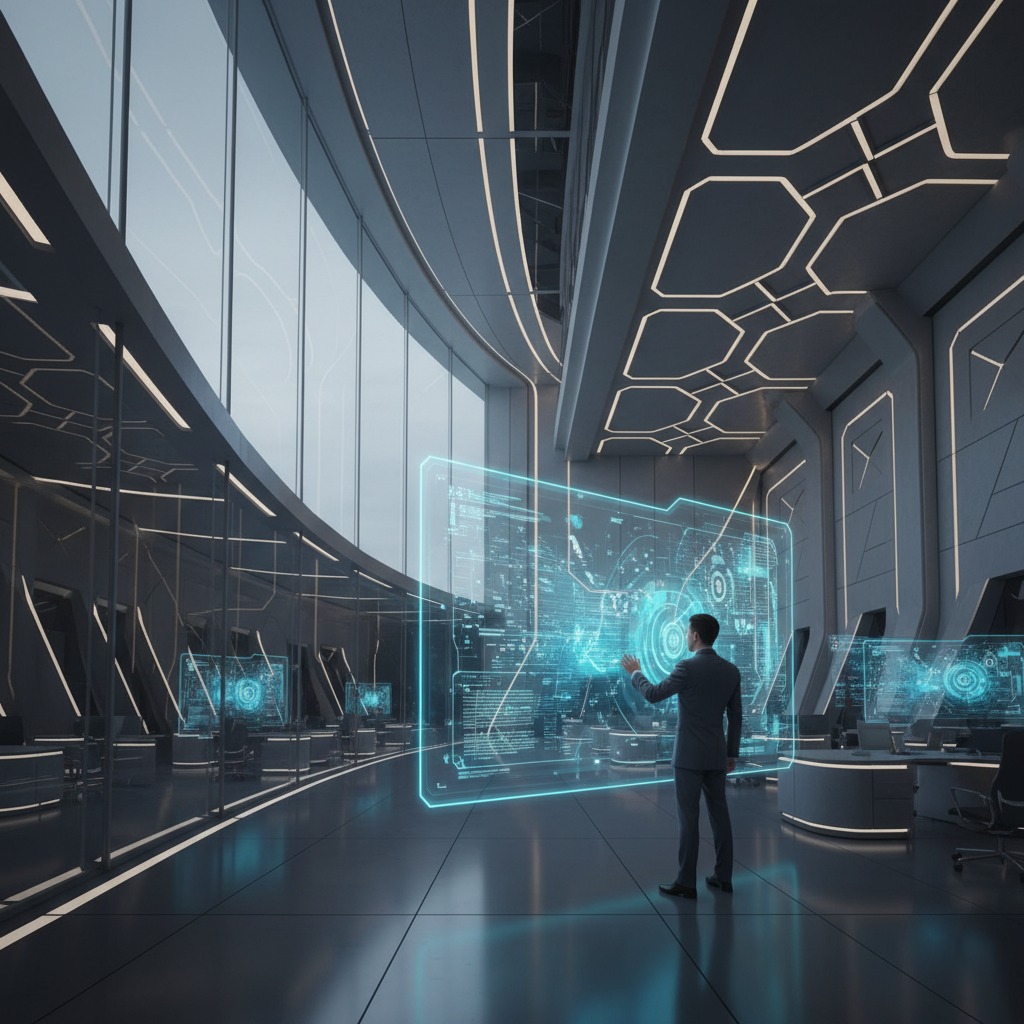Un hombre en traje interactúa con una pantalla holográfica azul brillante que muestra datos complejos en una oficina futurista de alta tecnología.