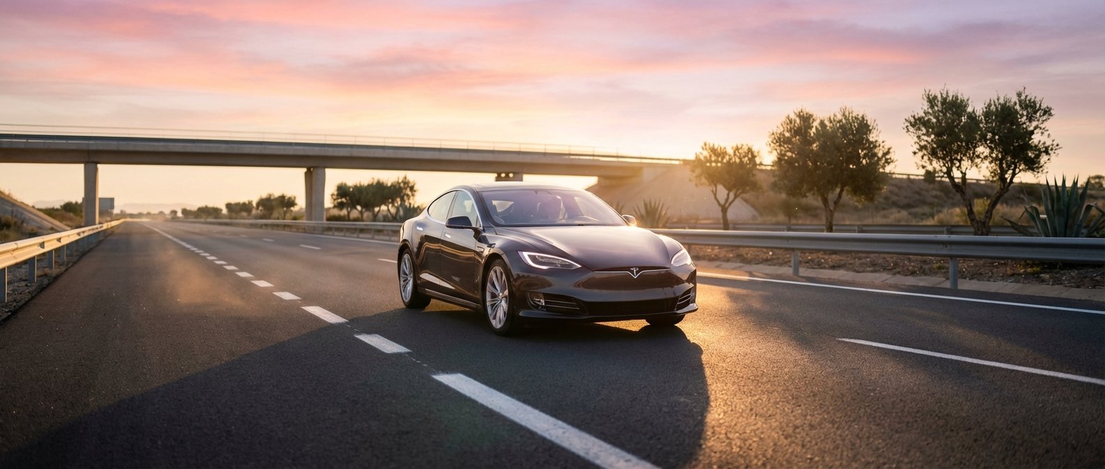 Un Tesla Model S oscuro en el lateral de una carretera asfaltada, bañado por la luz dorada del atardecer. En el fondo se observa un puente elevado, árboles y vegetación árida.