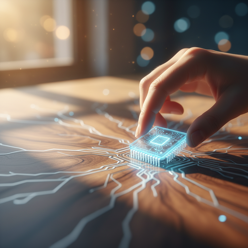 Una mano colocando un chip de ordenador azul luminoso sobre una superficie de madera con un diseño de circuitos brillantes.