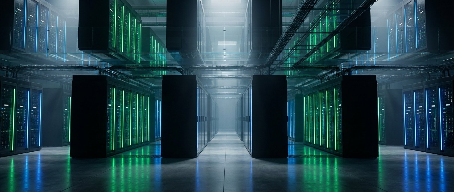 Pasillo de un centro de datos con filas de servidores que muestran luces azules y verdes, reflejadas en el suelo de hormigón y con cableado visible en el techo.