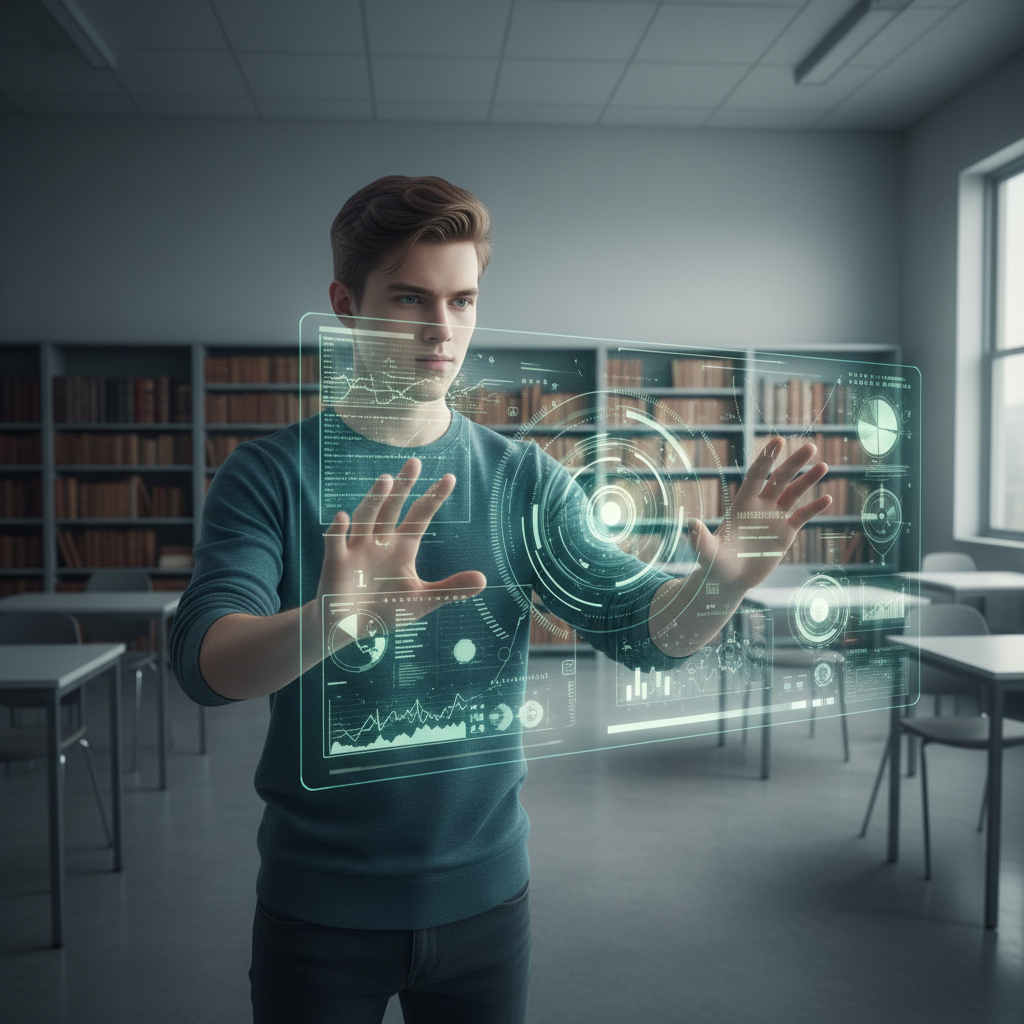 Un joven interactúa con una pantalla holográfica transparente que muestra datos, gráficos y texto en un entorno de biblioteca o aula.