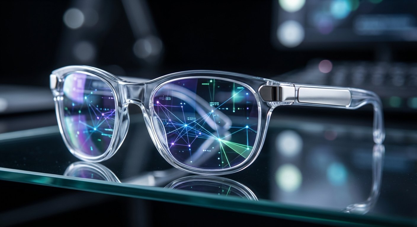 Gafas inteligentes transparentes posadas sobre una superficie de cristal reflectante. En las lentes se visualiza una proyección digital de una red de puntos y líneas luminosas de colores azul, morado y verde. El fondo está desenfocado con luces bokeh que sugieren un entorno tecnológico.