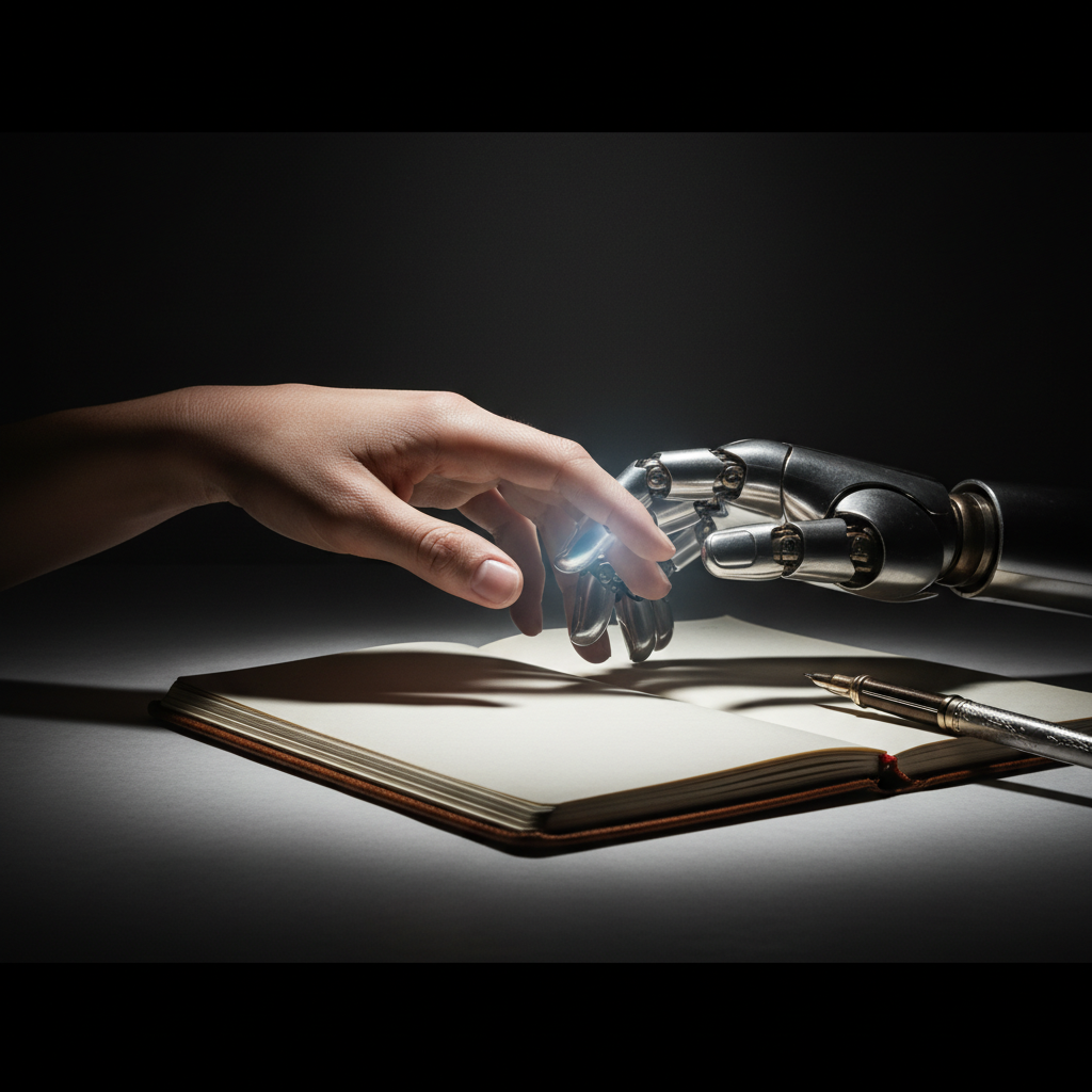Mano humana y mano robótica con un brillo azul en los dedos, acercándose sobre un cuaderno abierto y un bolígrafo.